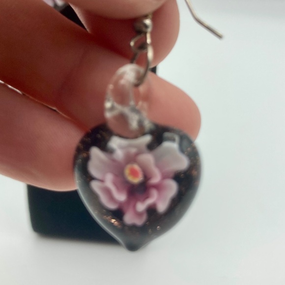 Art Glass Heart Earrings With Flower - Picture 5 of 5